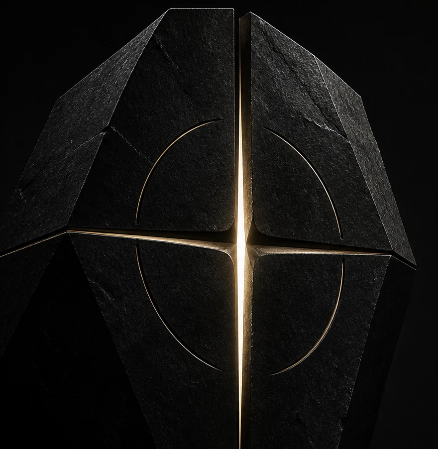 A carved stone compass, its cross glowing gold
